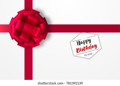 Festive red bow on the box with a gift. a tag with a wish for a happy birthday. Realistic vector illustration.