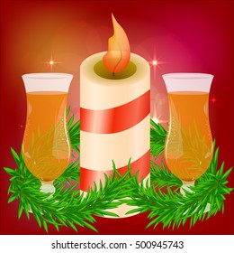 Festive red bright background. Beautiful candle. Branches of trees. Preparing for Christmas. Romantic evening. Glasses of champagne, wine, drink. St. Valentine's Day . Vector illustration .