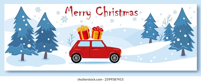 Festive red car carrying gifts travels through a snowy landscape with evergreen trees during the joyful Christmas season