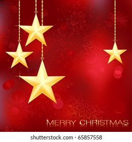 Festive red Christmas background with golden stars, snow flakes and grunge elements.