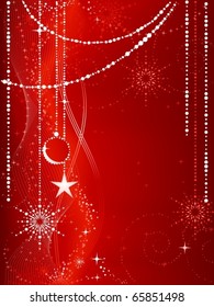 Festive red Christmas background with stars, snow flakes, baubles and grunge elements.