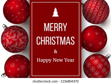 Festive red Christmas Balls background. colorful decoration in vertical line with elegant ornaments and label. vector illustration. text. template, decoration, advertising, poster, banner, copy space