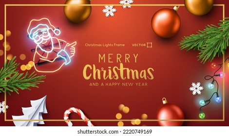 Festive red Christmas celebration background layout with decorations and lights. Vector illustration border frame.