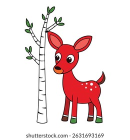 A festive red Christmas deer stands gracefully beside a white birch tree, evoking winter magic and holiday cheer in a serene, snow-dusted forest scene.
