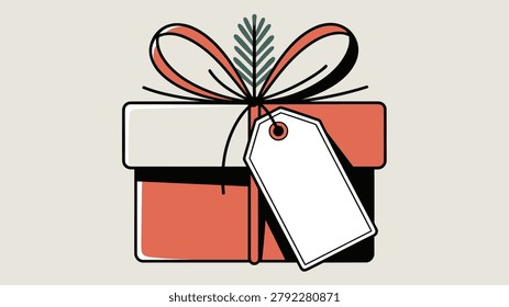 Festive red Christmas gift box with a white lid tied with a black string and featuring a blank tag and small green pine sprig.