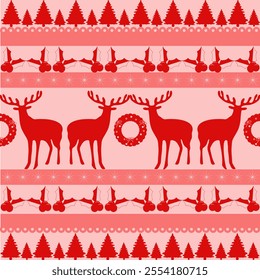 Festive Red Christmas Seamless Pattern with Reindeer and Trees