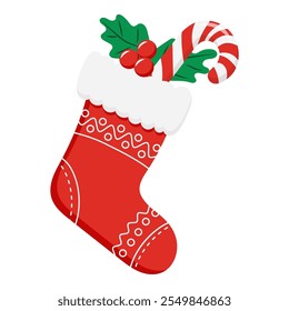 a festive red Christmas stocking with white trim, decorative patterns, holly leaves, red berries, and a candy cane sticking out from the top.