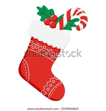 a festive red Christmas stocking with white trim, decorative patterns, holly leaves, red berries, and a candy cane sticking out from the top.