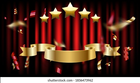 Festive red curtain realistic luxury background. Five shiny stars and sparkling falling confetti