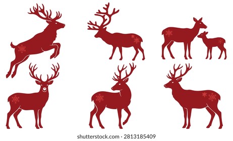 Festive red deer silhouettes with snowflake patterns including leaping standing grazing and family poses on white background