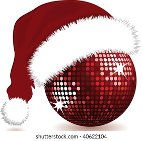 Festive red disco ball with santa hat