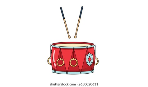 A festive red drum with drumsticks ready to strike for a lively musical performance