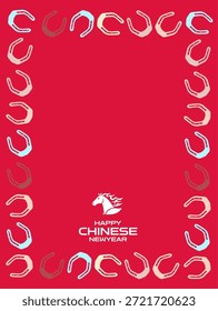 A festive red frame is created by a border of colorful horseshoes surrounding a small central logo The bold red theme and symmetrical layout make it an ideal template for Chinese New Year messages