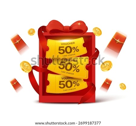 A festive red gift box filled with golden 50% discount vouchers, decorated with a red ribbon and surrounded by gold coins. 3d vector illustration