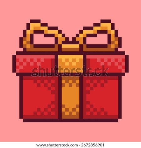 Festive red gift box icon in a retro pixel art style. This 8-bit illustration features a bright red present tied with a beautiful golden ribbon and bow, perfect for holiday celebrations