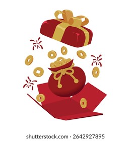 Festive red gift box opens to reveal a money pouch filled with gold coins, symbolizing wealth, prosperity, and celebration of Chinese New Year or Lunar New Year traditions.