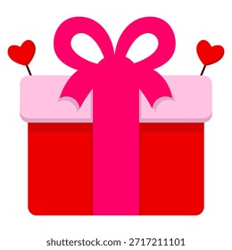 Una caja de regalo roja festiva con una tapa rosa y una cinta rosa prominente atada en un lazo, decorada con dos Pequeños acentos de corazón en palos.