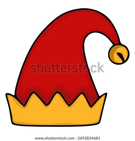 Festive red and gold elf hat with a jingle bell, vector illustration