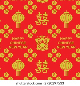 Patrón sin fisuras rojo y dorado festivo para el Año Nuevo chino con máscaras de baile de leones, linternas, flores de ciruelo y símbolos de doble felicidad.