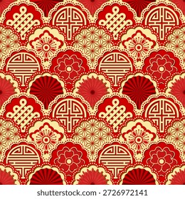Festive red and gold seamless pattern featuring scalloped wave ornaments, longevity symbols, knots, and flowers. Traditional Chinese lunar new year vector background.