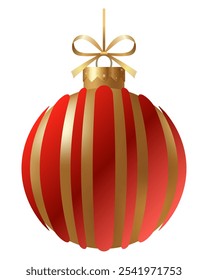 Festive red and gold striped Christmas ornament with a gold ribbon and hanger on a white background. New Year Christmas tree toy.