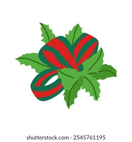 Festive red and green bow with holly leaves ,  christmas holiday decoration illustration in flat style.