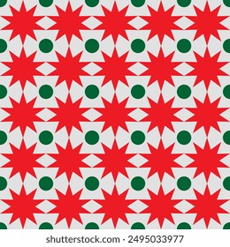 Festive red and green starburst pattern with circular accents, ideal for holiday decorations, gift wrapping, and seasonal designs that bring a touch of celebration and joy.