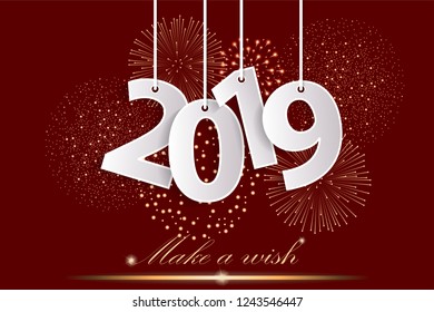 Festive red Happy New Year 2019 concept with paper cuted white numbers on ropes with golden fireworks. Vector illustration