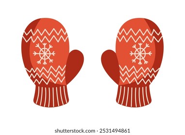 Manoplas de punto rojas festivas con objeto de Vector de color plano de patrón de copos de nieve. Ilustración de ropa tradicional hecha a mano sobre fondo blanco