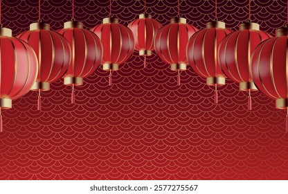 Festive red lanterns are suspended in a line against a striking patterned backdrop featuring scales. This scene captures the vibrant spirit of Asian celebrations.