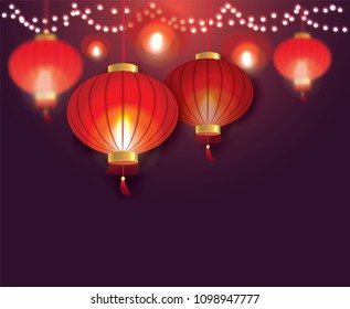 Festive red lanterns. Vector illustration. Abstract background