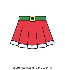 Festive red mini skirt. Christmas attire, playful design, red pleated skirt with green belt. Symbolizes holiday cheer and festive spirit.