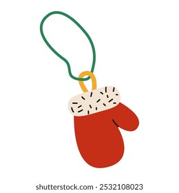 Festive red mitten ornament with green string and decorative white fur