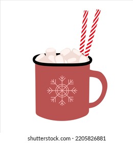 Festive red mug with hot cocoa, lollipops and marshmallows. Vector illustration isolated on a white background in a flat style. For holiday cards, badge