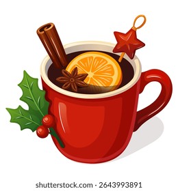 Festive red mug of mulled wine with orange slice cinnamon stick star anise and holly sprig