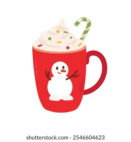 Festive red mug with a snowman and whipped cream topped with sprinkles and a candy cane