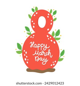 Festive red number for March 8 with twigs. Hand drawn flat cartoon element. Vector illustration