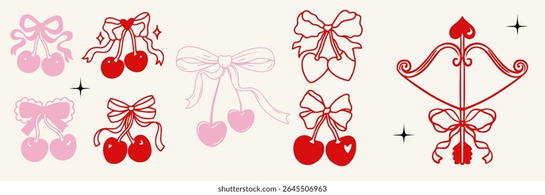 Festive Red  Pink Cherries and Bows. Sweet Holiday  Love