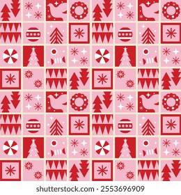 Festive red and pink Christmas-themed seamless pattern featuring trees, wreaths, snowflakes, ornaments, candy, and stars. Perfect for holiday wrapping paper, wallpapers, and backgrounds.