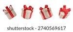 Festive red present box with elegant white bow ribbon. Realistic 3D Christmas gift illustration isolated, ideal for birthday xmas celebrations and holiday surprise designs.