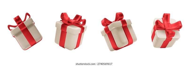 Festive red present box with elegant white bow ribbon. Realistic 3D Christmas gift illustration isolated, ideal for birthday xmas celebrations and holiday surprise designs.