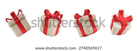 Festive red present box with elegant white bow ribbon. Realistic 3D Christmas gift illustration isolated, ideal for birthday xmas celebrations and holiday surprise designs.