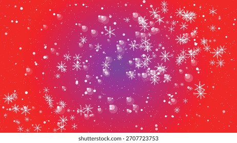 Fondo degradado rojo y púrpura festivo con copos de nieve que caen y Vector de luces bokeh