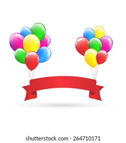 Festive red ribbon hangs on inflatable bright air balls isolated on white background