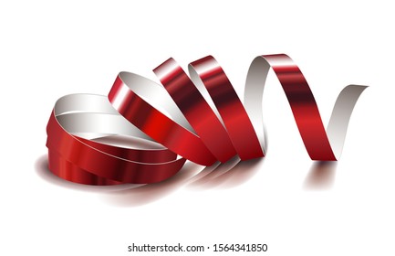 Festive red ribbon on white background. Realistic vector streamers. Carnival party serpentine decoration for your banner and greating card design.