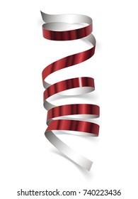 Festive red ribbon on white background. Realistic vector streamers. Carnival party serpentine decoration for your banner and greating card design.
