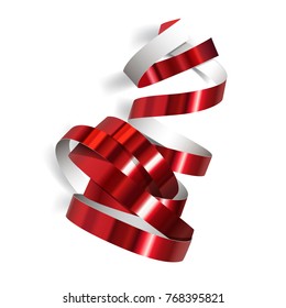 Festive red ribbon on white background. Realistic vector streamers. Carnival party serpentine decoration for your banner and greating card design.