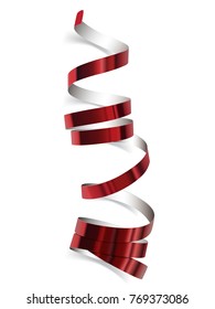 Festive red ribbon on white background. Realistic vector streamers. Carnival party serpentine decoration for your banner and greating card design.