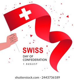 Festive red ribbon of the Swiss flag in the hand of a man. 1 August. Confederation Day in Switzerland. Federal holiday in honor of the founding of Switzerland. Vector illustration