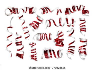 Festive red ribbons on white background. Realistic vector streamers. Carnival party serpentine decoration for your banner and greating card design.